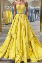 Simple yellow satin long Semi Formal Prom Dresses yellow evening Dresses